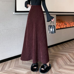 Dày Dặn Màu Đen Vải Nhung Kẻ Chân Váy Chữ A Nữ Mùa Thu Mùa Đông Cạp Cao Dài Thon Gọn Đuôi Cá Drapey Váy Phong Cách Đi Làm