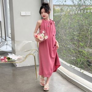 Girls Vintage Hanging Neck Dress Sleeveless Vest Long Summer New Style French Holiday Wind Sweet Pure Color Silk Top