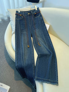 Retro Blue Frayed Hem Denim Jeans Womens High Waist Loose Straight Leg Wide Leg Floor Length Pants Casual Style Spring Autumn New Arrival