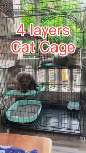 【Sulit】Cat Cage Villa Large Space 4 Layer Pet Cage Foldable Sturdy Pet Furniture Cat Cages with Wheels house with toilet Black/WhiteIron cage
