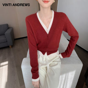 Red V-Neck Long Sleeve Knit Cardigan for Women