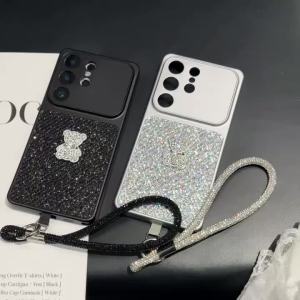 3D Rhinestone Bear Glitter Case For Samsung Galaxy S26 Ultra S25 FE S23 S24 Plus A17 A57 Shiny Sequins Diamond Wrist Strap Cover