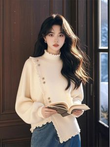 WANGGONGZHU | Fashionable Korean Style Irregular Sweatshirt Womens Autumn Winter New Design Splicing Inner Wear Top Princess Style Loose Fit