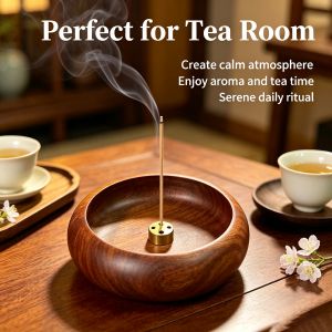 Round Wood Incense Burner Solid Wood With Brass Incense Holder For Home Tea Room Catch Ash Easily