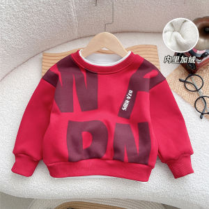 เสื้อสเวตเตอร์คอวีบุขนแกะหนาสำหรับเด็กชาย สีแดง ทรงเข้ารูป แขนยาว ปกตัว ทรงหลวม ฤดูหนาว เสื้อผ้าเด็กชาย ผ้าฝ้ายผสม