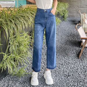 High-Waist Slim-Fit Denim Jeans for Women Summer Apple-Shaped Plus Size Blue Straight Leg Pants with Zipper Ankle-Length