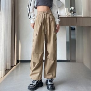 LANGPIN | Military Green Work Pants Womens High Waist Wide Leg Straight Cut Casual Two-Way Wear American Retro Sports Pants