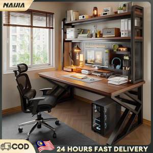 NAIJIA Solid Wood Gaming Computer Desk Home Office Study Desk Integrated Design Hole Board Metal Legs Simple Modern Style Desktop Included电脑桌办公桌