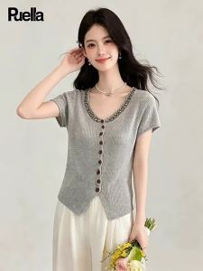 puella | Áo Cardigan Đan Cổ V Tay Ngắn Pha Lê Sang Trọng Mùa Hè