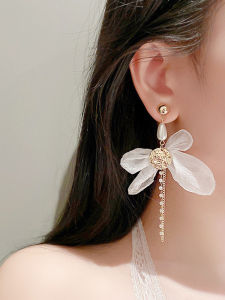925 Silver Needle Exaggerated Earrings Female White Pearl Tassel Organza Bow Eardrops Elegant French Ear Rings