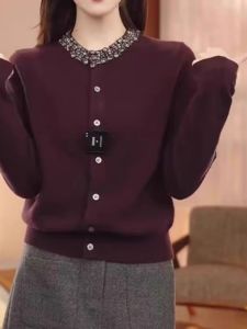 R Palete Wool Cashmere Sweater Casual round Neck Knitted Cardigan with Rhinestones Korean Style Retro Winter Outerwear Coat for Women