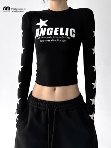 MUYUZI | Retro Spicy Girl Letter Print Long Sleeve T-Shirt Slimming