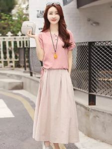Fashionable Artistic Casual Midi Skirt Set Summer 2024 plus Size Womens Ensemble Polyester Blend Two-Piece Suit