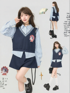 KEIKO | Bộ Áo Sơ Mi Caro Và Chân Váy Kiểu Giả Hai Mảnh Nơ Cho Nữ Sinh Viên