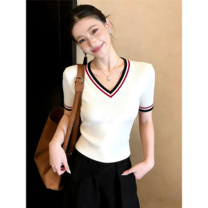 Colorblock V-Neck Cable Knit T-Shirt Short Sleeve