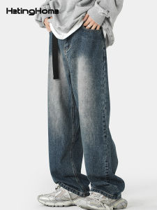 HetingHOME | Hetinghome Gradient Straight Leg Jeans With Belt For Men Youth Trendy Loose Fit Jeans Couple Matching Long Pants Cotton Blend