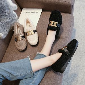 2025 New Womens Furry Shoes Winter Outdoor Wear Thick Bottom Lamb Velvet Bean Bean Shoes Pregnant Women Large Size Shoes 41 to 43