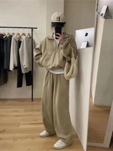Spring Autumn Casual Sporty Two-Piece Set Korean Style Small Size Elegantly Collared Sweatshirt Pants Fashionable Womens Outfit