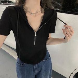 Elegant and Thin Hooded T-Shirt Women Summer Short Irregular Design