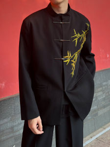 New Chinese Style Golden Bamboo Embroidery Stand Collar Mens Suit Loose Fit Spring Autumn High Sensation Trendy Outerwear
