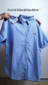 Áo sơ mi Nữ tay ngắn thêu nơ đỏ xinh form rộng chất kate sọc mát ít nhăn phong cách basic dễ phối đồ