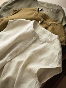 Áo Sơ Mi Nữ Tay Rộng Cổ Đứng Bằng Vải Lanh Cotton Mùa Hè Phong Cách Mới Kiểu Dáng Rộng Rãi Thường Ngày Không Tay Màu Trơn
