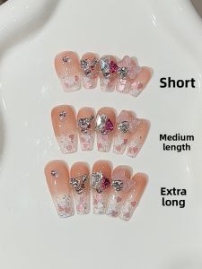 Gradient Nude to Pink Sequin Heart Design Butterfly Knot Diamond Fragrant Nail Art False Nails Wearable Nail Tips for Women