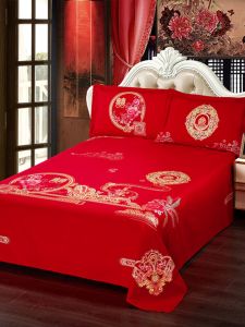 Red Cotton Bed Sheet Wedding Single Quilt Pure Cotton New Couple Bridesmaid Wedding Gift Red Dragon And Phoenix Pattern
