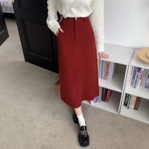Corduroy Wine Red Half-length Skirt High-waist A-line Mid-length Womens Fashion Autumn Winter plus Size Elastic Waist Skirt