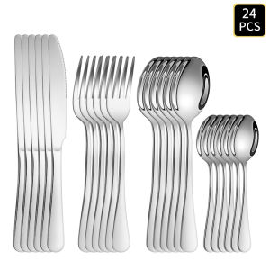 4/6/16/24pcs Silver stainless steel cutlery 1010 round handle knife fork and spoon cutlery set suitable for family dinner hotel