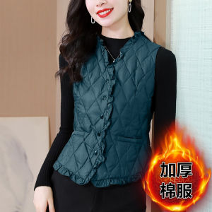 Womens Short down Cotton Vest Jacket Outerwear Autumn Winter 2025 New Style Floral Collar Single Button Pure Color Polyurethane Elastic Fiber