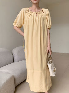 Wtt Wantai Summer French Vintage Loose Long Dress Womens Silk Casual Design High Waist A-Line Skirt Short Sleeve round Neck