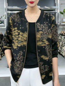 Fashionable Loose Printed Long Sleeve Open Cardigan Mommy Style Spring Autumn New Arrival H Size Baseball Jacket