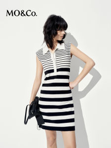 MO&Co. | Linen Striped Polo Neck Sleeveless Slightly Waist-Accentuated A-Line Dress