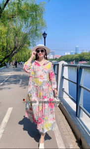 Summer Fashion Floral Dress Loose Waist Trimming below the Knees plus Size plus Size Elegant Slimming Youthful-Looking Sun Protection Beach Skirt Tide