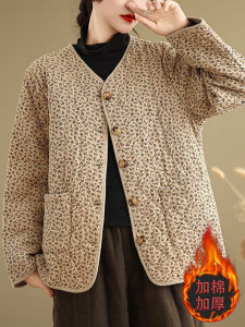 Lightweight Floral Print Womens Cotton Jacket Thin Quilted Vest Korean Style Loose Fit Long Sleeve V-Neck Winter Coat