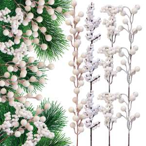 4PCS Artificial Berries Stems Fake Flowers Simulation Christmas White Holly Berry Branch DIY Wreath Xmas Party Home Decor