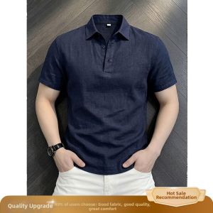 OUMULONG | White Thin Breathable Cotton Linen Polo T-shirt