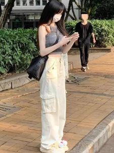 High Waist Wide Leg Workwear Pants Womens Autumn Winter Multiple Pockets High Street Style Sports Pants XS Height Enhancing