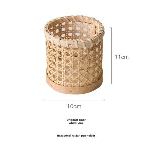 Retro Wicker Pen Holder Desktop Stationery Makeup Comb Weaving Storage Basket Flower Vase Handmade Japanese Style Home Organizer