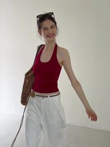 Simple Halter Neck Open Back Slim Fitted Monochrome Tank Top