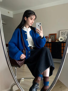 Klein Blue Lazy Loose Knitted Sweater Coat Womens Early Autumn New Style Beautiful Top Korean Style Long Sleeve round Neck