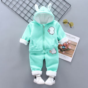 Childrens Winter Set with Thick Cartoon Zipper Hoodie and Velvet for Boys and Girls Infant and Toddler Warm Sports Set 0-5Y