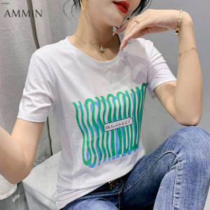 AMMIN เสื้อยืดพิมพ์ลายแขนสั้นผู้หญิงใส่ฤดูร้อนเสื้อผ้าคอตตอนทรงหลวมพิมพ์ลายไลน์แขนสามส่วน2023