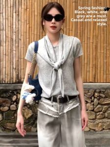 BINKAFENNY | Gray Round Neck Short Sleeve Womens T-shirt Summer Slim Fit Fashionable Design Shoulder Shawl Top Korean Style Commute Wind