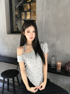 2026 New Summer Style Korean Fashion Gray Slim Fit Off Shoulder Top
