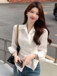 White Asymmetrical Shirt Womens Fashion Sensation Slimming Design Unique French Style Small Top Spring New Arrival