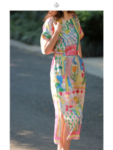 Summer Bohemian Style Womens Linen Dress Colorful Print Beach Skirt Slimming H-Line Casual round Neck Long Sleeve Dress