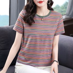 QIAOXIZI | Stylish Loose T-shirt with Belly Cover Stripes for Middle-aged Women