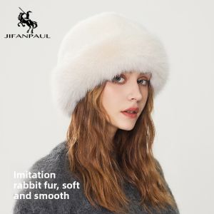 Warm White Mongolian Hat with Earflaps and Fur-like Trim